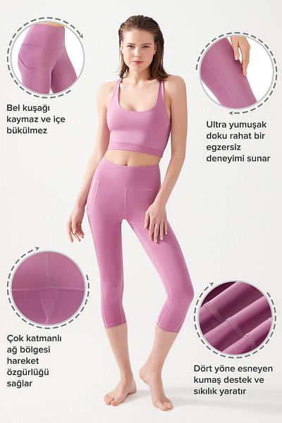 Los Ojos Női levendula magas derekú simító dupla zsebes térd alatt Capri leggings Capri