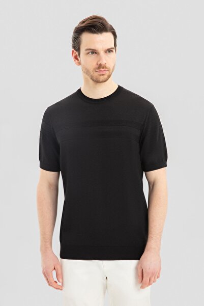 Sabri Özel Crew Neck Jacquard Striped Men's Knitwear T-Shirt Black