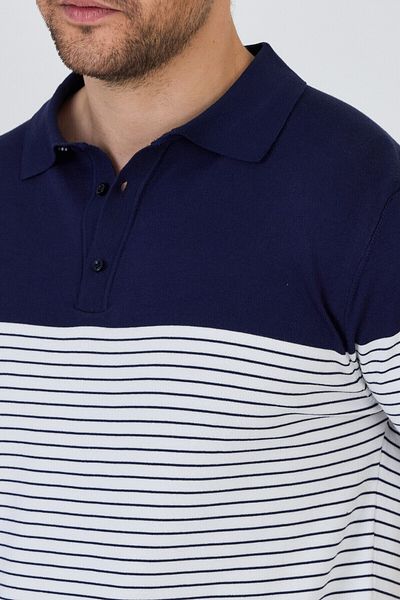 Frappoli Jaen Men's Navy Blue-White Cotton Blended Self-Striped Slim Fit Polo Collar Knitwear T-Shirt