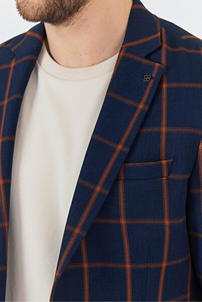 Frappoli Чоловічий темно-синій-червоно-коричневий картатий полівіскозний піджак Slim Fit