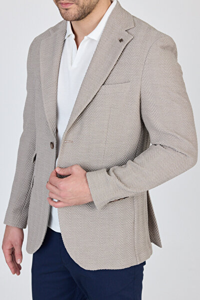 Frappoli Lores Erkek Stone-Taş Astarsız Soft Balıksırtı Desenli Esneyen Kumaş Likralı Spor Blazer Ceket