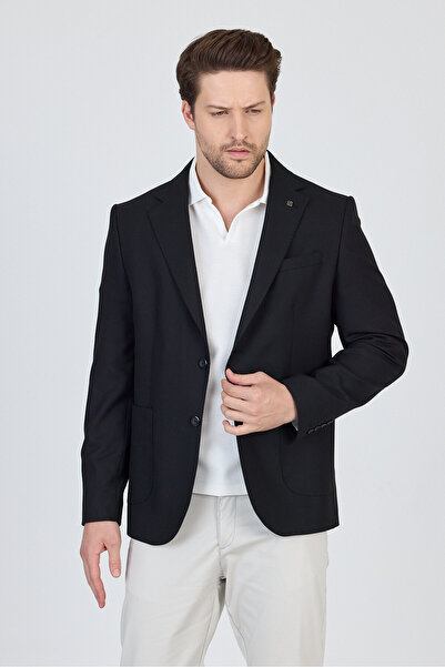 Frappoli Pasiros Erkek Siyah Yarım Astarlı Torba Cepli Likralı Polyester+Pamuk Karışımlı Spor Blazer Ceket