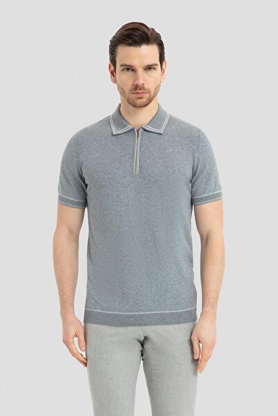 Sabri Özel Fermuarlı Polo Yaka Triko T-Shirt Çelik