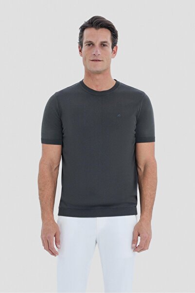 Sabri Özel تي شيرت أخضر داكن قصة ضيقة تريكو برقبة دائرية