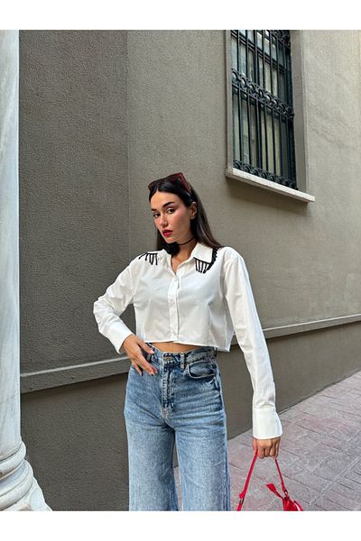 Esinty Trend Women's Collar Tassel Bead Detailed Shirt