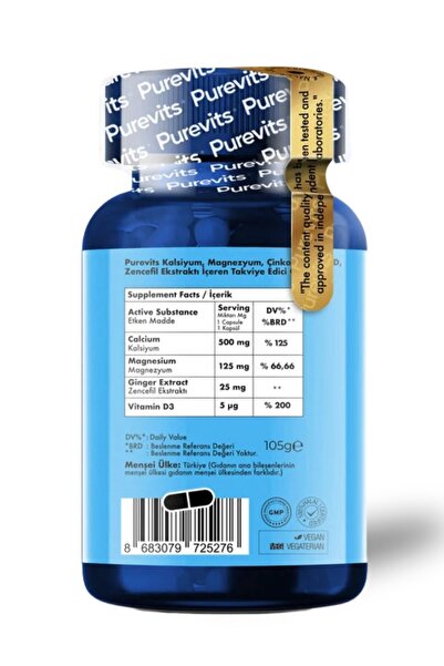 Purevits Kalsiyum – Magnezyum- Çinko- Vitamin D Plus - 60 Adet Tablet