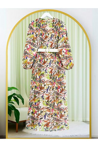 Modamorfo Pleated Front Belted Chiffon Dress