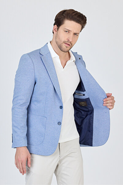 Frappoli Feniks Erkek Mavi Yarım Astar Torba Cepli Pamuk Karışımlı Likralı SlimFit Spor Blazer Ceket