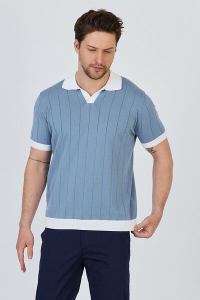 Frappoli Garci̇a Men's Blue-White Cotton Blended Apache Collar Slim Fit Polo Collar Knitwear T-Shirt