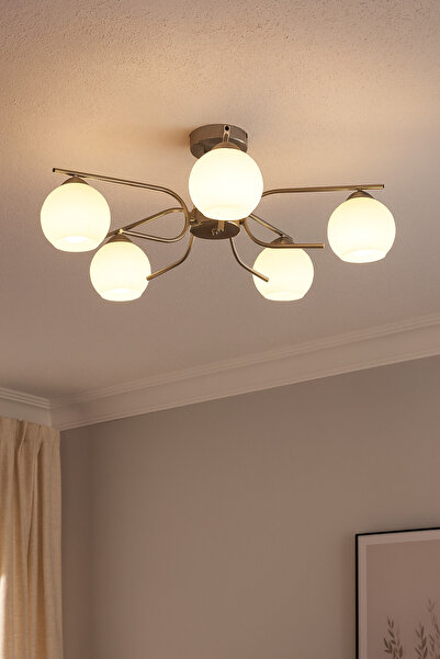 Modavize Aloha Modern Tasarım Salon Yatak Odası Mutfak Gri Renk Beyaz Camlı 5 li Avize