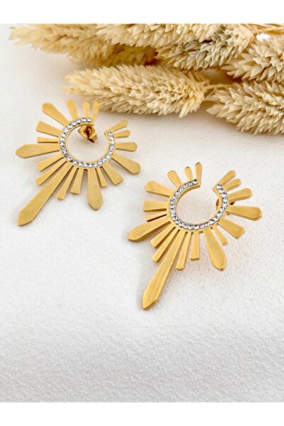 Siya Silver Kararmaz Çelik Zirkon Taşlı Güneş Tasarımlı Küpe