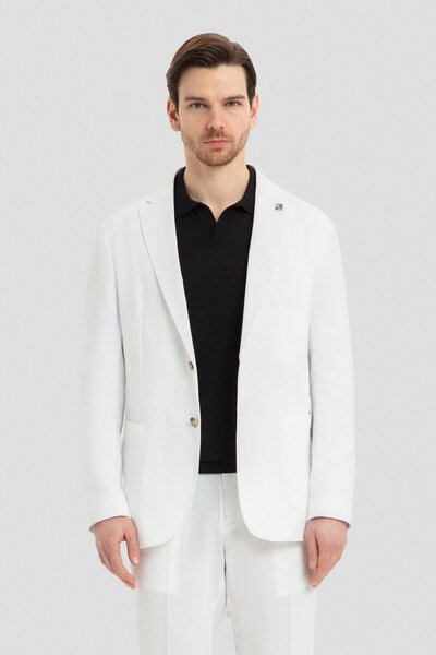 Sabri Özel Mono Yaka Keten Takım Elbise Beyaz