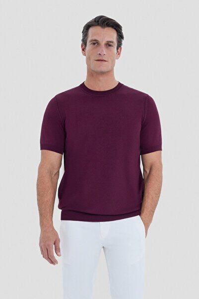 Sabri Özel Bordo Slim Fit Triko Bisiklet Yaka Tişört