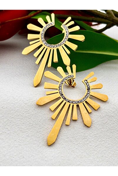 Siya Silver Kararmaz Çelik Zirkon Taşlı Güneş Tasarımlı Küpe