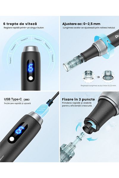 Dr Pen Ultima Dr. Pen M7S Dispozitiv Microneedling + 20 Cartușe de Rezervă | Ecran LED, 6 Viteze, USB Tip-C