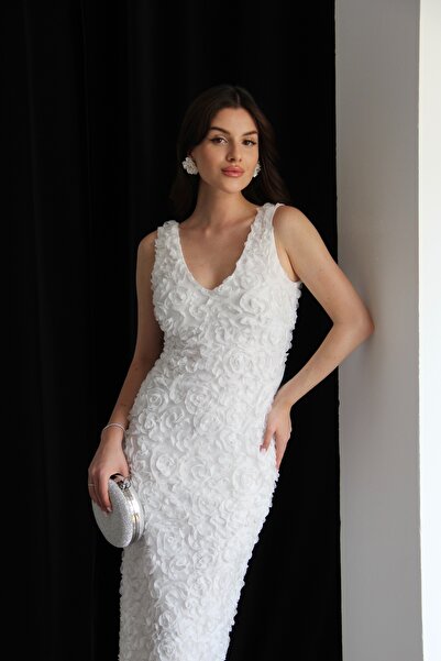 Julidress 3 Boyutlu Gül Desenli V Yaka Astarlı Midi Boy Premium Tasarım Nişan Davet Elbise