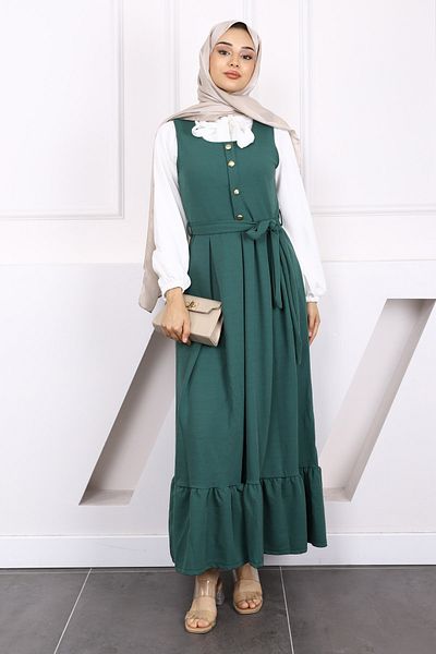 İmajButik Khaki Belted Blouse Combination Gilet Dress