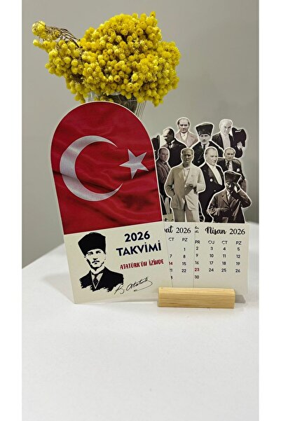 Etiketçi Paşa 2026 Atatürk Takvimi Ahşap Ayaklı Atatürk Temalı Özel Tasarım Takvim, Atatürk 2026 Masa takvim
