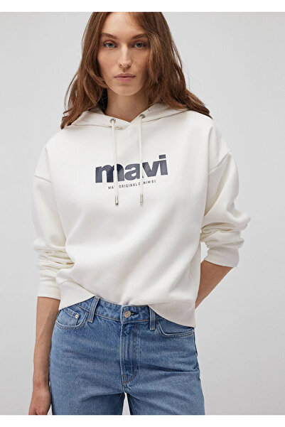 Mavi Women's Logo Printed Hooded Ecru Sweatshirt