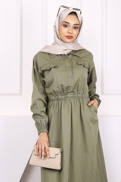 İmajButik Khaki Waist Elastic Pocket Gabardine Dress