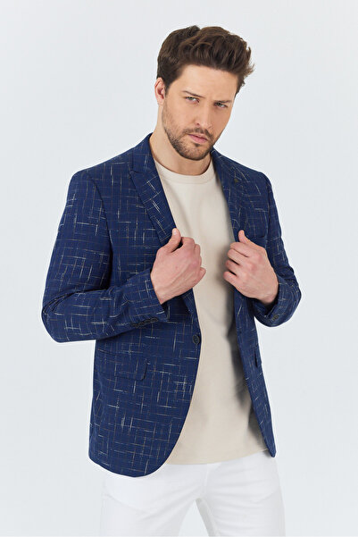 Frappoli Modero Erkek Lacivert-Hardal Ekose Kareli Polyester Kumaş Slim Fit Dar Kesim Spor Blazer Ceket