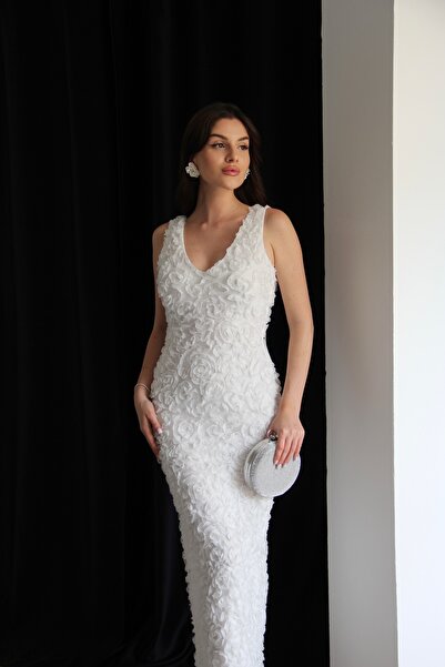 Julidress 3 Boyutlu Gül Desenli V Yaka Astarlı Midi Boy Premium Tasarım Nişan Davet Elbise