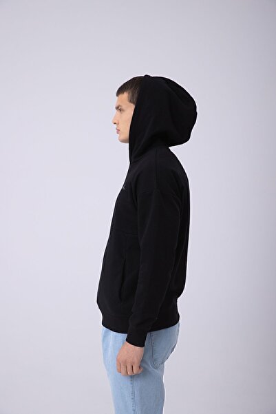 Nordbron Ανδρικό μαύρο oversize καγκουρό με κουκούλα βασικό βαμβακερό φούτερ μακρυμάνικο πλεκτό Nicol