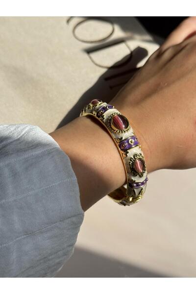 LEROSY CO. Vintage Etnik Mor Taş Detaylı Altın Kaplama Kelepçe Bileklik – Şık...