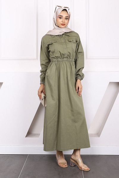 İmajButik Khaki Waist Elastic Pocket Gabardine Dress