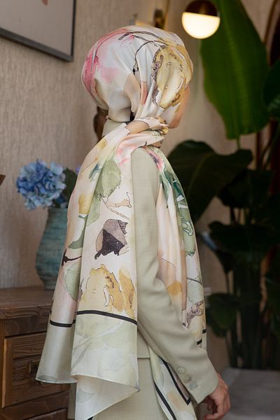 Vissona 100% mătase acuarelă model flori verde fistic colorat 92x210 șal