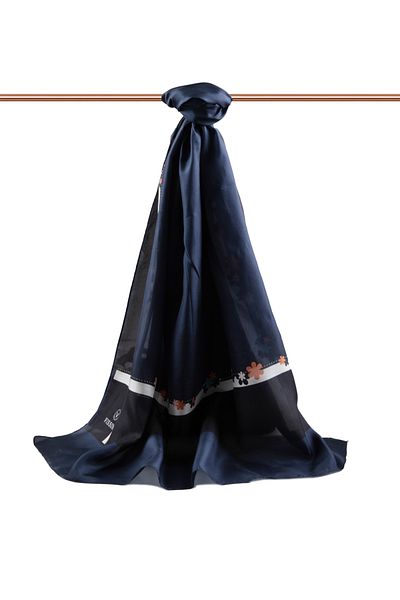 Vissona 100% Silk Floral Patterned Navy Blue Colored 92X210 Shawl