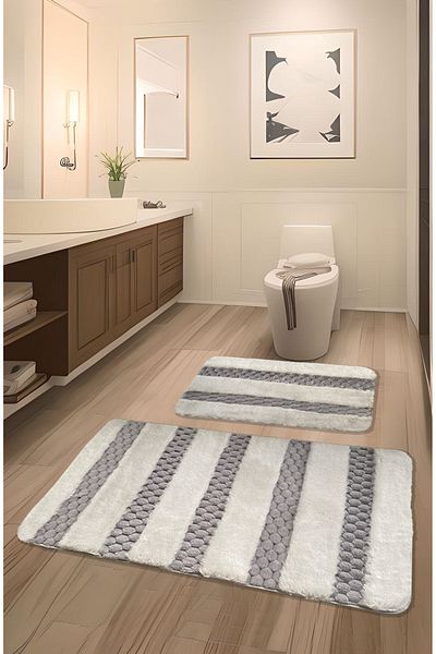 FeelHome Serante Rabbit Hair, Non-Slip Base, Fluffy, Soft, Washable 2-Piece Bath Mat Gray