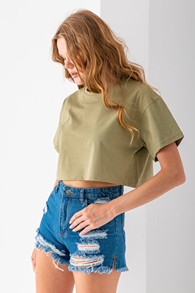 GİYSA Γυναικείο μπλουζάκι με λαιμόκοψη Casual Basic Khaki - 925007