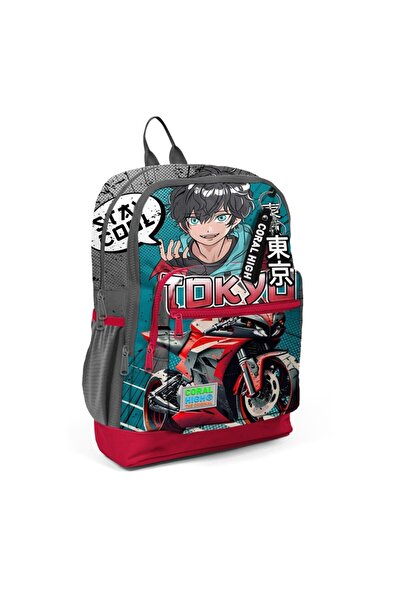 Coral High Γκρι Σχολικό Σακίδιο Πλάτης με Μοτίβο Μοτοσικλέτας Anime Nefti 23764