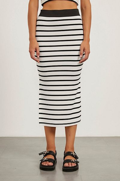 Arma Life Women's Elastic Slit Striped White Long Skirt