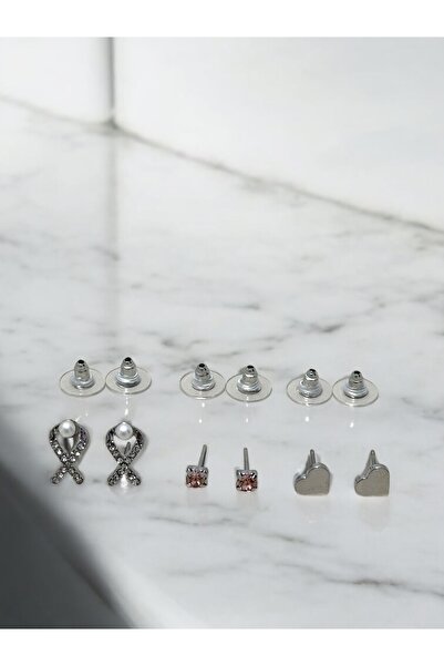 silver color 3pcs mini size heart pearl bow and gem set steel women earrings