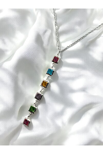 Sequential Colored Baguette Stone Steel Y Women Necklace- Gift Wrapped- Steel Necklace-Sequential Necklace-Women's Necklace