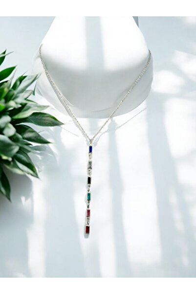 MAC CENTER Row of Colored Stones Steel Y Steel Women's Necklace-Women's Neckl...