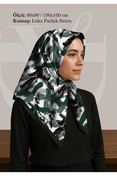 DESENİX Brush Print Patterned Scarf |   4 Color Options |   90X90 - 100X100Cm |   Shiny Satin
