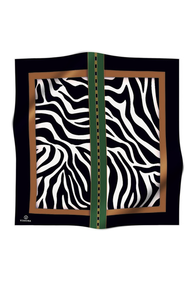 Vissona 100% twill silk zebra patterned mink - emerald green colored 90x90 scarf edge stitching shape hand stitched