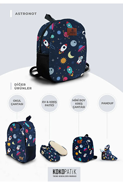 Kokopatik Kişiye Özel İsimli - Astronot Desenli Orta Boy Kreş Çantası