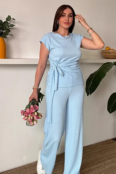 Paw Garage Women's Sienna Baby Blue Tie Detail Crinkle Fabric Blouse Pants Set