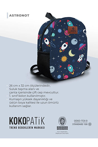 Kokopatik Kişiye Özel İsimli - Astronot Desenli Orta Boy Kreş Çantası