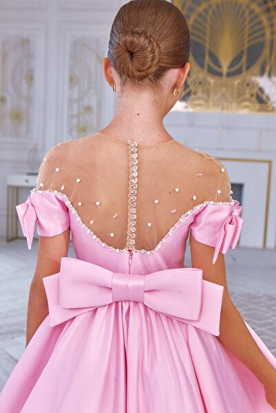 By Feyza Kids Collection By Feyza Kız Çocuk Kabarık Abiye Elbise İnci Tüllü Kuyruklu Taşlı Saten Pembe 7-14 Yaş