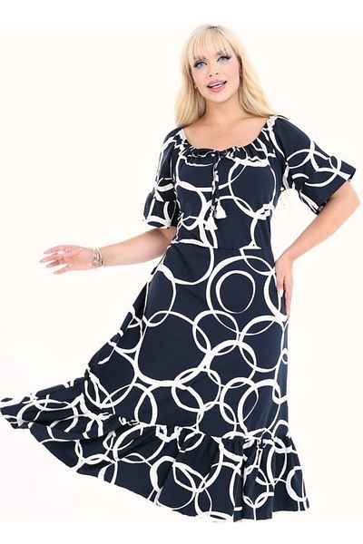 Kheos Full Length Plus Size Dress with Lace-Up Collar, Short Sleeves, Ruffle Detail at the Sleeve Hem and Hem