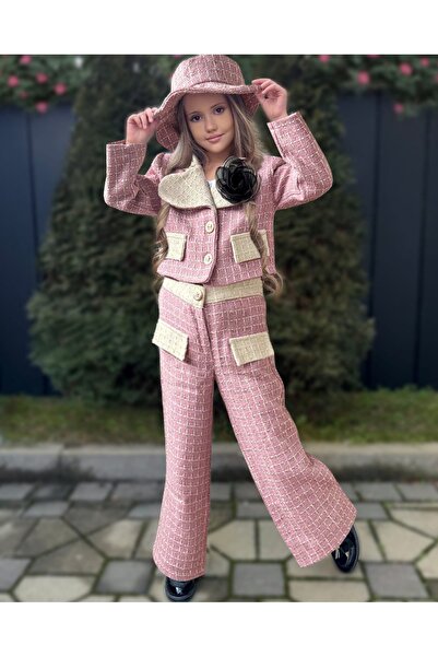 By Feyza Kids Collection By Feyza Kız Çocuk Pembe Ekose Ceket,Pantolon Takım-Şapka ,Gül Broş Dahil -Kışlık Klasik kombin