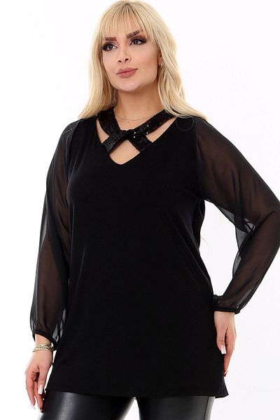 Kheos Sequin Detailed Lycra Crew Neck Long Elastic End Tulle Sleeve Flexible Plus Size Blouse