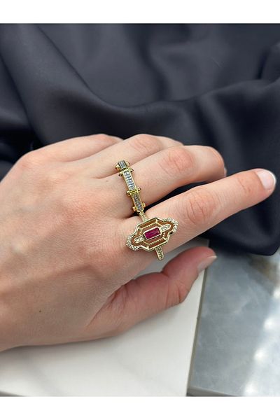 Unzilee Gold Gold Fuchsia Stone Vintage Adjustable Brand Model Design Steel Ring
