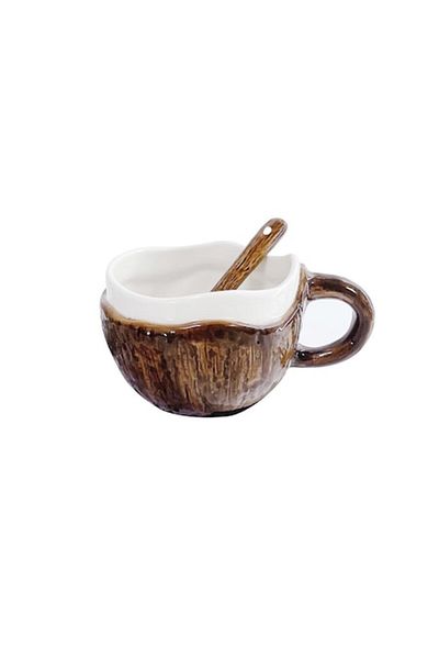 Primlife Cana din Ceramica Primlife, 201-300 ml, cu Lingurita, Design Nuca de Cocos, Maro