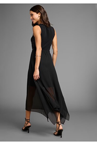 Şans Women's Plus Size Black, Sequin Detail, Elastic Waist, Asymmetrical Hem Evening Dress 65N39025